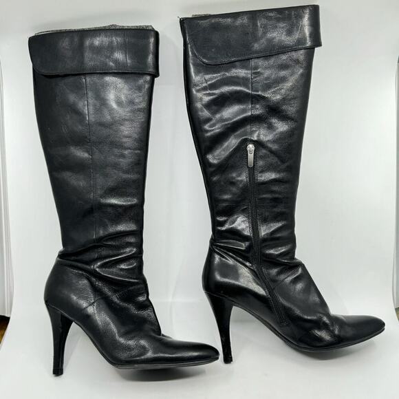 ENZO ANGIOLINI 'Kellyanne' Fold-Over Knee High Heeled Black Leather Boots - Picture 1 of 16
